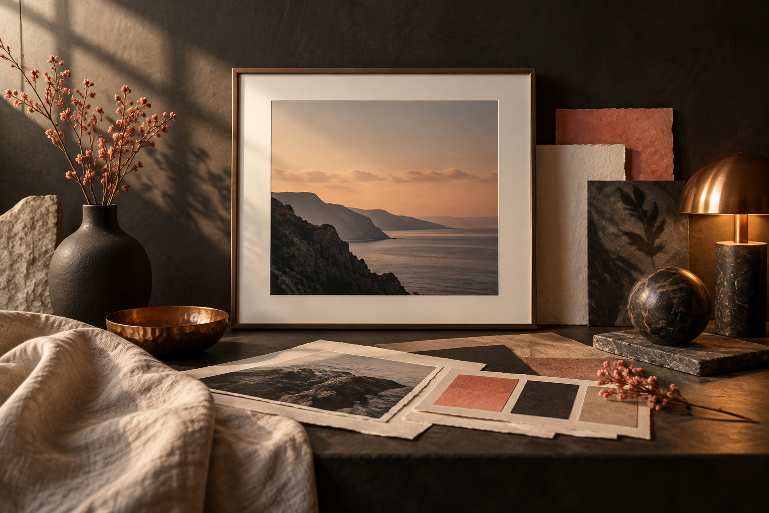 Warm editorial still life with layered paper, light and a blank photographic frame