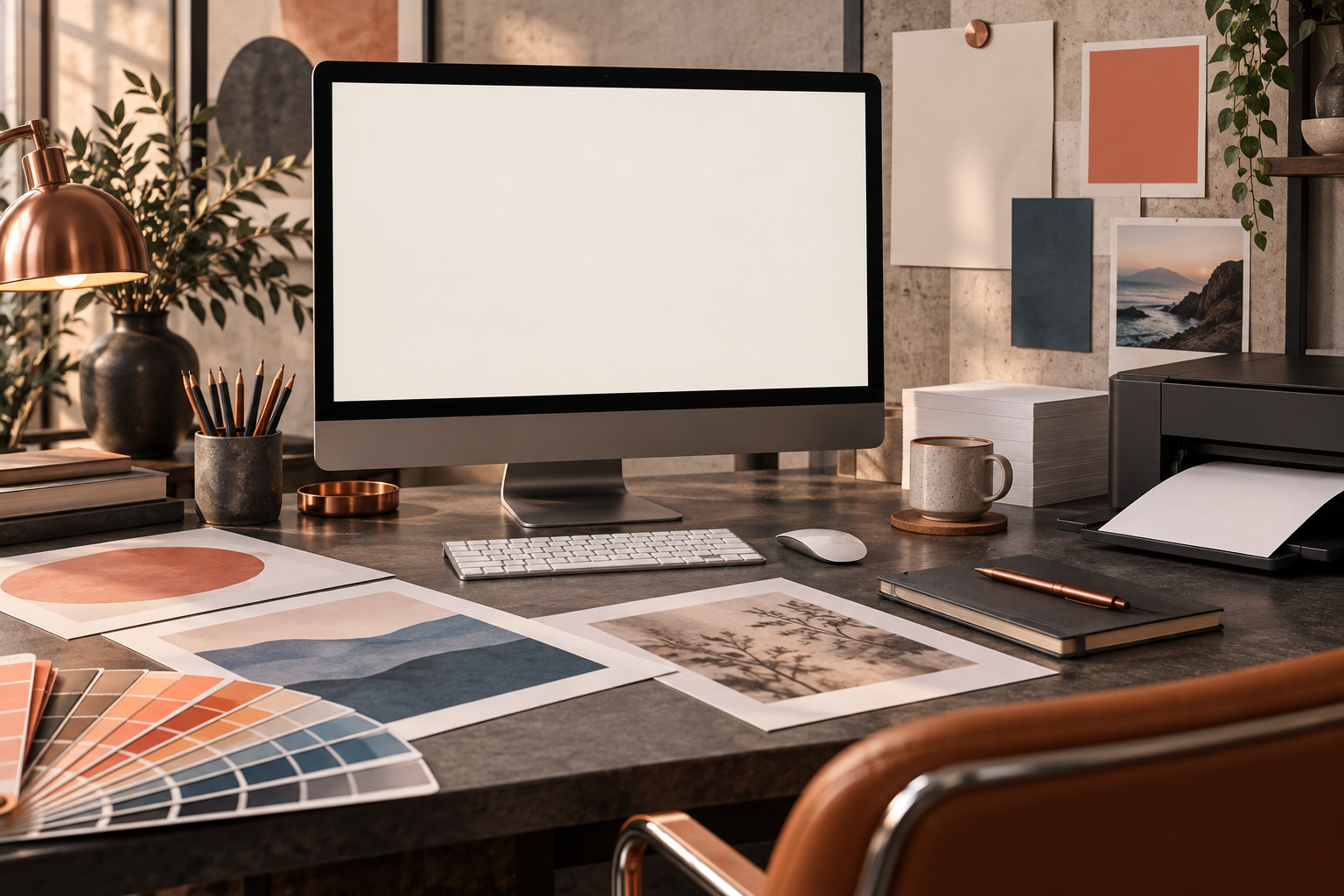 Design studio workstation with a large monitor, proof prints and colour swatches in warm neutral light