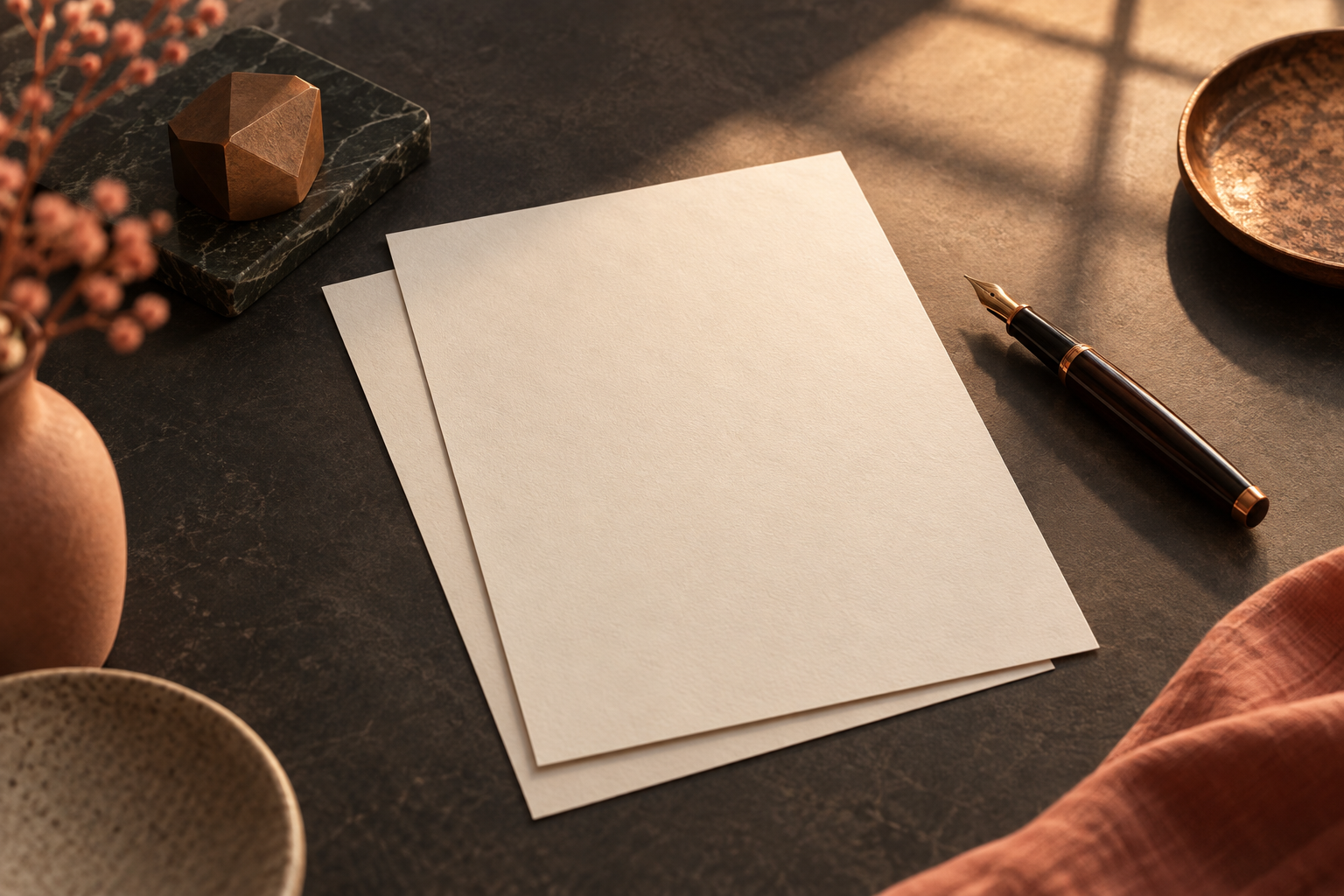 Minimal desk scene with blank license papers, a fountain pen and a warm pool of light