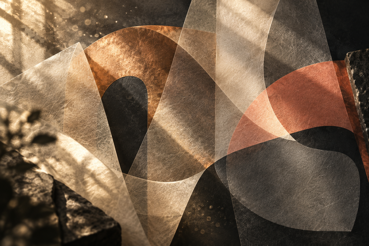 Soft directional light crossing translucent paper textures on a dark editorial surface