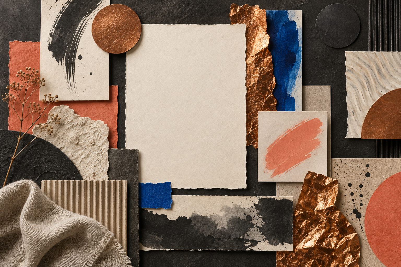 Editorial mood board of tactile paper, ink, metallic foil and painted surfaces with no readable text