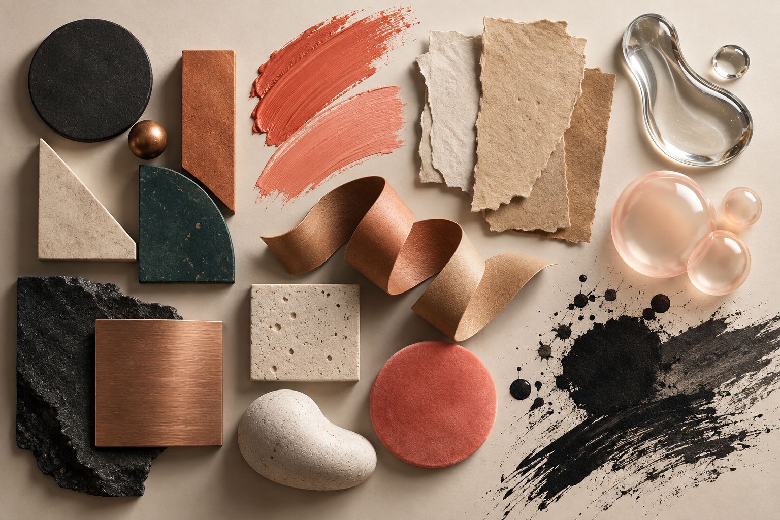 Organised typographic material swatches arranged from geometric shapes to brush and craft textures